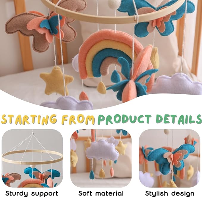 GOODMOM Boho Baby Crib Mobile –Handmade Nursery Hanging Mobile for Baby Boy & Girl - Perfect Bohemian Nursery Room Decor with Felt & Leather - Great Newborn Gift (Dreambutterfly)