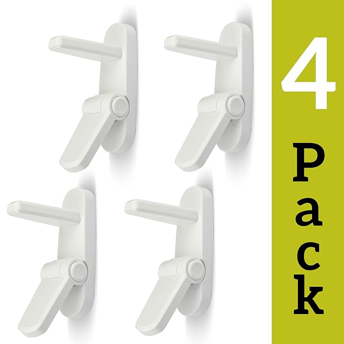 Door Lever Locks (4 Pack) - Prevents Toddlers from Opening Doors - Durable ABS with 3M Adhesive - Easy One-Hand Operation for Adults, No Tools Needed