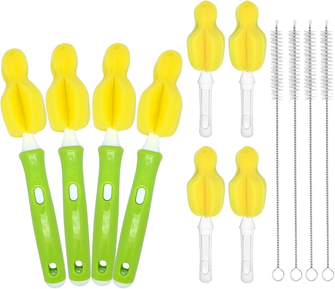 INVODA 12PCS Sponge Nipple Bottle Brushes, Baby Bottle & Nipple Cleaner with 4 Replacement Heads & 4 Straw Brushes (Yellow)