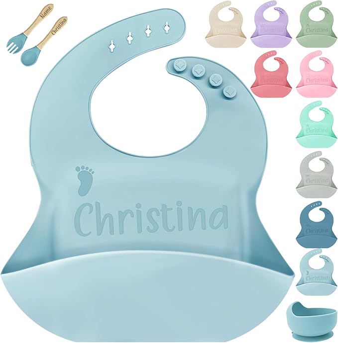 SRdrew Personalized Silicone Bibs Set Custom Engraved Name Icon Toddler Bib Durable Adjustable for Boy Girl