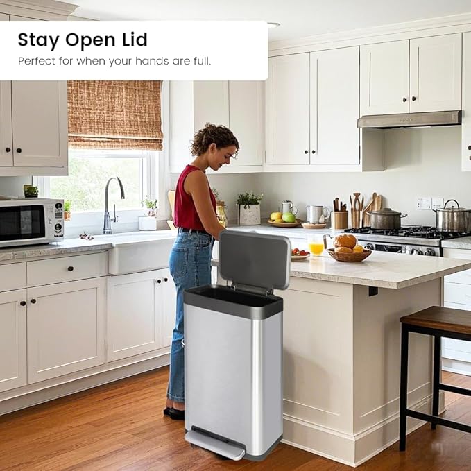 50 Liter / 13 Gallon Trash Can, Fingerprint Proof Stainless Steel Kitchen Trash Can with Removable Inner Bucket, Step Trash Bin for Home Offices and Public Areas