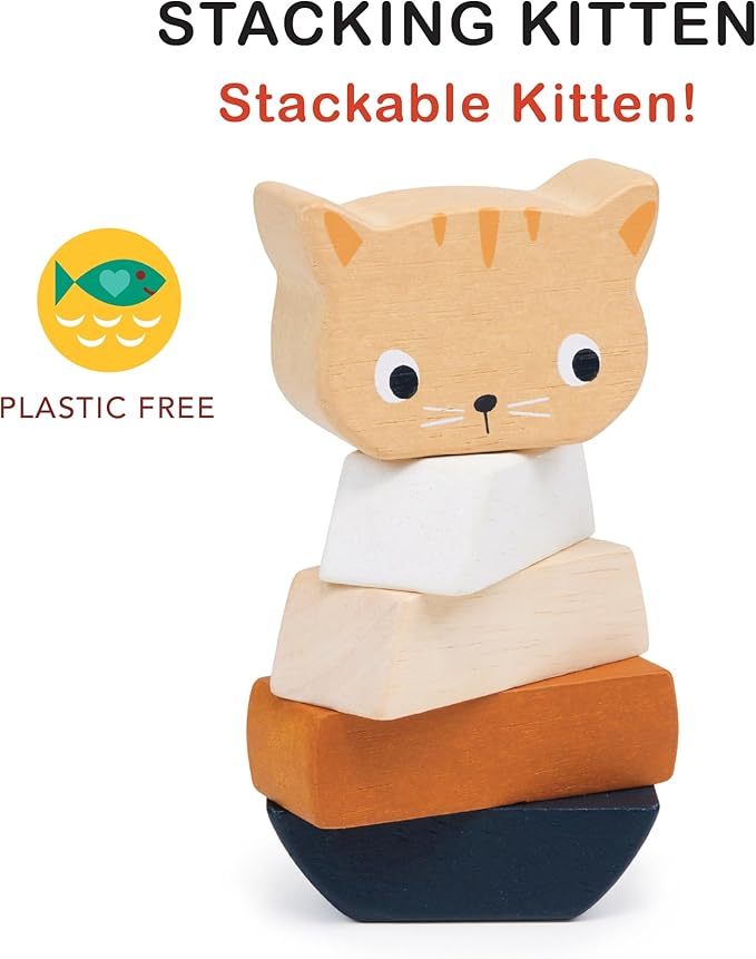 Mentari Toys - Stacking Kitten - 5pcs Wooden Animal Stacker Toddler Toy - Natural Wood Stacking Blocks - Boost Fine Motor Skills - Toddler Educational Toy - Age 12m+
