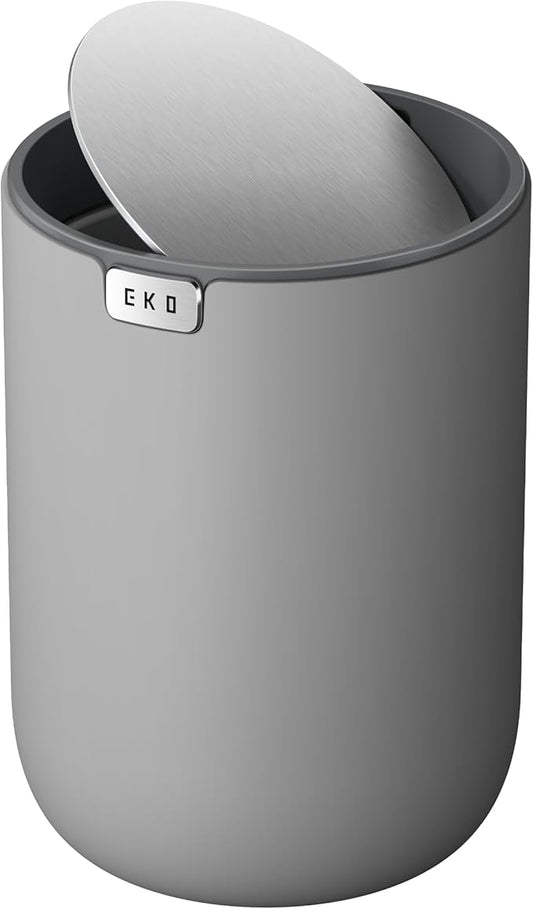EKO Fandy 0.58 Gal/2.2L Mini Trash Can with Lid, Swing-Top Desktop Trash Can for Bathroom, Countertop, Vanity, Desk or Office, Small Garbage Bin (Grey)
