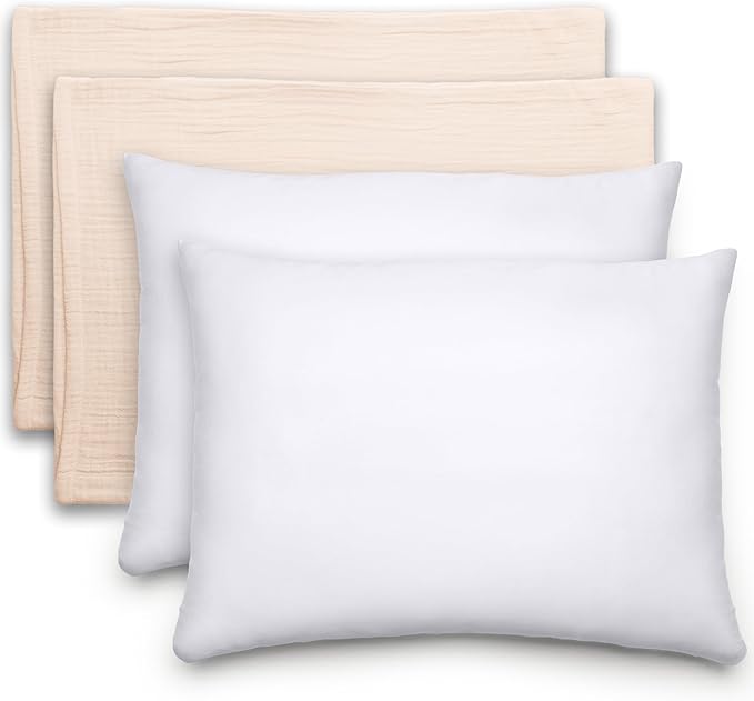 Comfy Cubs Toddler Pillow with Muslin Pillowcase, 13 x 18 in, 2 Pack - Travel and Sleep Support for Kids - Lightweight, Breathable Microfiber Fill - Soft and Cozy Small Pillow for Toddlers - Cream
