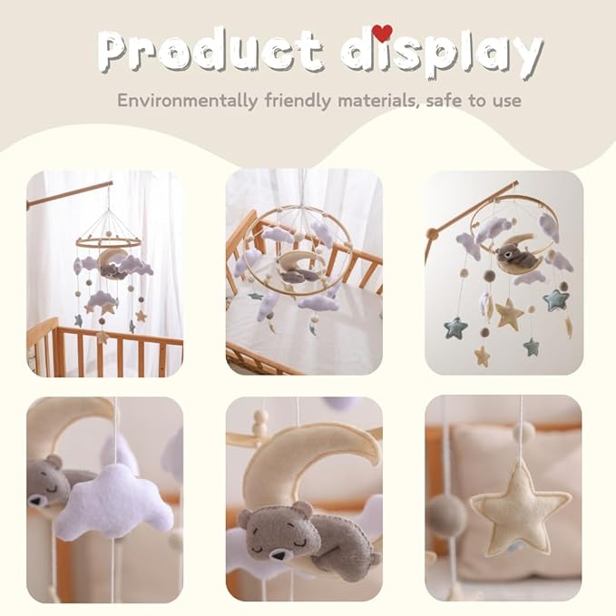GOODMOM Sleeping Bear Baby Crib Mobile Handmade Soothing Bedtime Baby Mobile for Crib Felt Night Mood Nursery Decor for Baby Boy&Girl Easy Assembly & Durable Newborn Gift (Moon Bear)