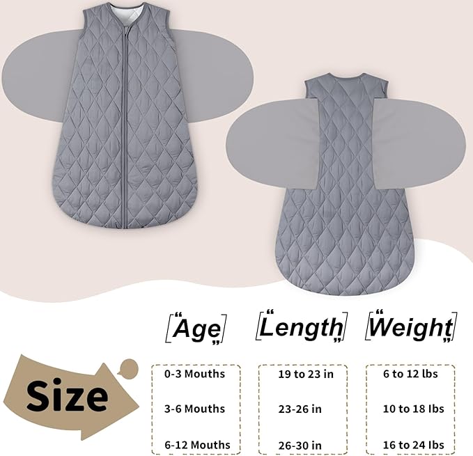 Newborn Sleep Sack Baby Swaddle,3-Way Adjustable Wearable Blanket,Swaddling Sleeping Bag,TOG 2.5 (Gray, 6-12 Months)