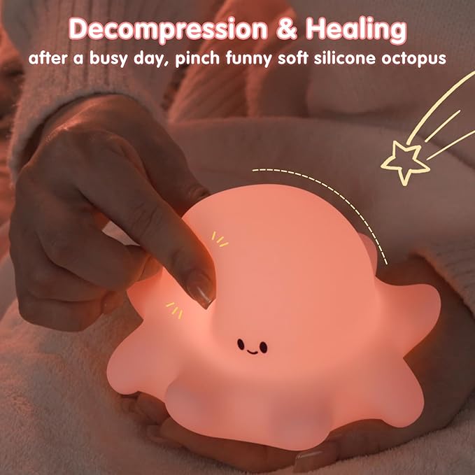 Pink Octopus Night Light,LED Squishy Novelty Animal Cute Lamp, Food Grade Silicone Nightlight, 3 Level Dimmable, Light Up Octopus Decor for Room College Dorm, Boy Girl Gifts