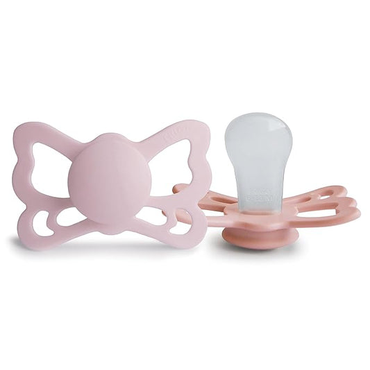 FRIGG Butterfly Anatomical SilkySoft Silicone Baby Pacifier | Made in Denmark | BPA-Free (Pretty in Peach/Primrose, 6-18 Months)