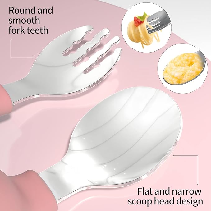 Deejoy Toddler Utensils - Stainless Steel Spoons and Forks, Kids Silverware Set with Travel Case (Pink)