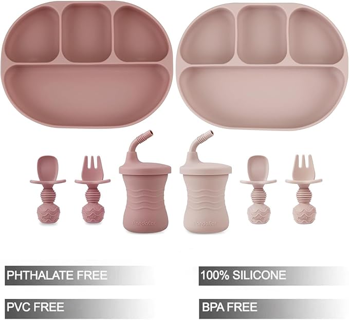 PandaEar 2 Silicone Suction Plate with 2 Tiny Sippy Cup and 2 Spoon 2 Fork for Self-Feeding, Divided Toddler Plate, 100% Silicone Baby Food Plate, BPA Free, 8 Pcs Silicone Baby Feeding Set