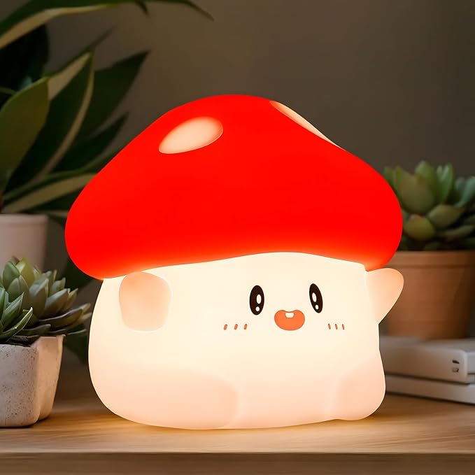 Mushroom Night Light,LED Cute Silicone Squishy Lamp Rechargeable Nursery Nightlight with 2 Level Dimmable Bedside Touch Lamp for Bedroom Kids Room Mushroom Decor Gifts