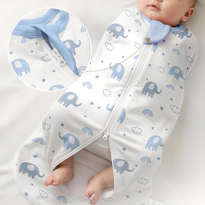 Baby Swaddle 0-2 Months, Cotton Arm-In Zipper Sleep Sack, Wearable Blankets Wrap for Newborn Infant Girls, Boys (Elephant, Star Moon, Pack of 2)