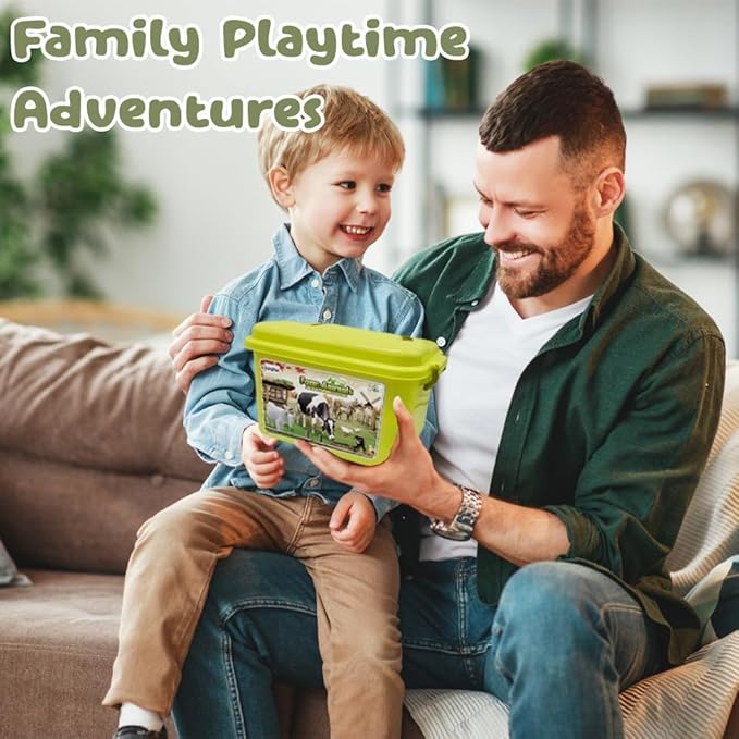 Farm Animal Figures Toy, Realistic Plastic 2 Farm Truck Playset with Trailer, Farmer Fence Storage Box, Christmas Birthday Easter Gift for Kids 3-8