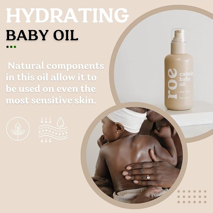 Roe Wellness Baby Oil Calming & Soothes, Hydrates Rough and Irritated Skin | All Natural Non-Greasy Hydrating Baby Oil | Moisturize Full Body (Calming Baby Oil)