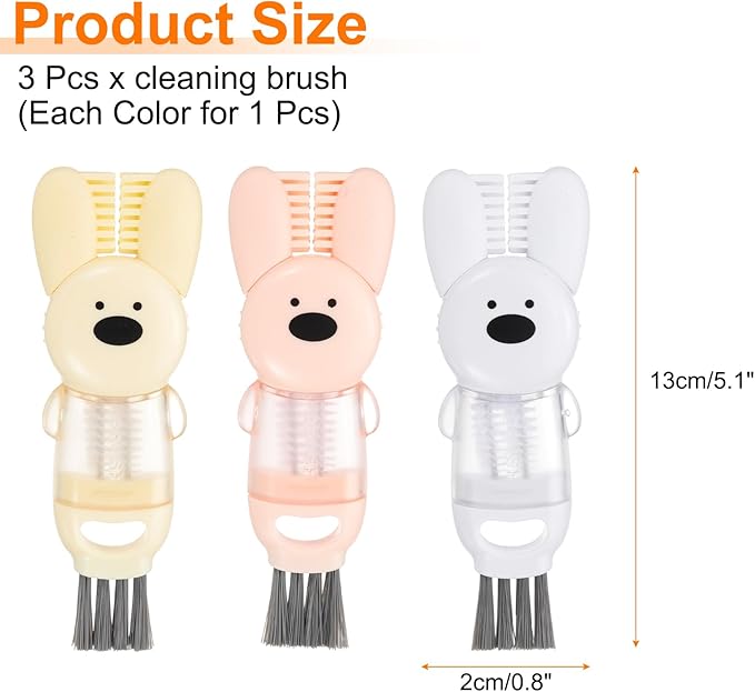 uxcell 3pcs Cup Lid Cleaning Brush, Water Bottle Cleaner Brush with Rabbit Pattern, for Tight Spaces, Bottle Gap Beige/Pink/White