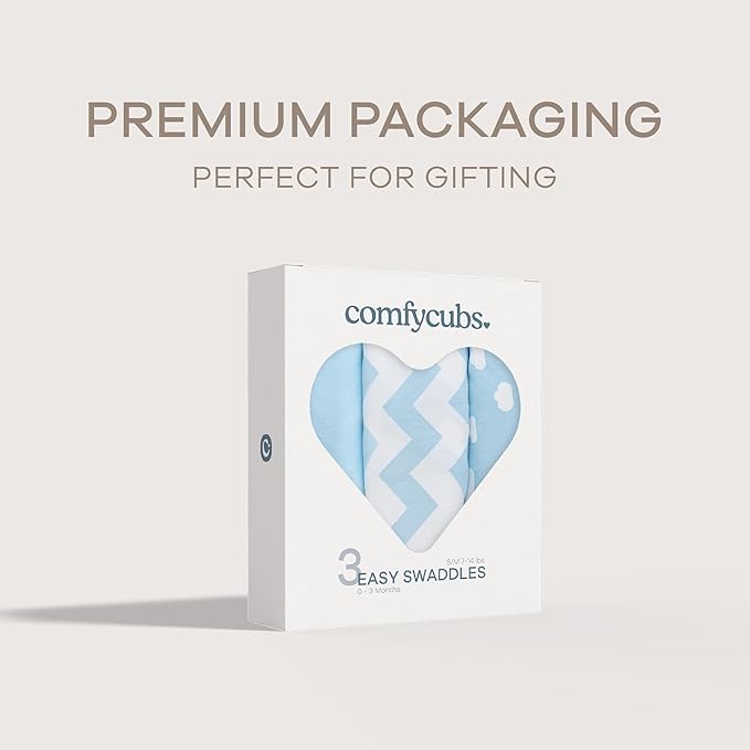 Comfy Cubs Easy Swaddle Blanket, 3 Pack - 100% Cotton Newborn Wrap, Small for 0-3 Months Infants, with Adjustable Velcro, Breathable and Durable Sleep Sack for Babies - Blue