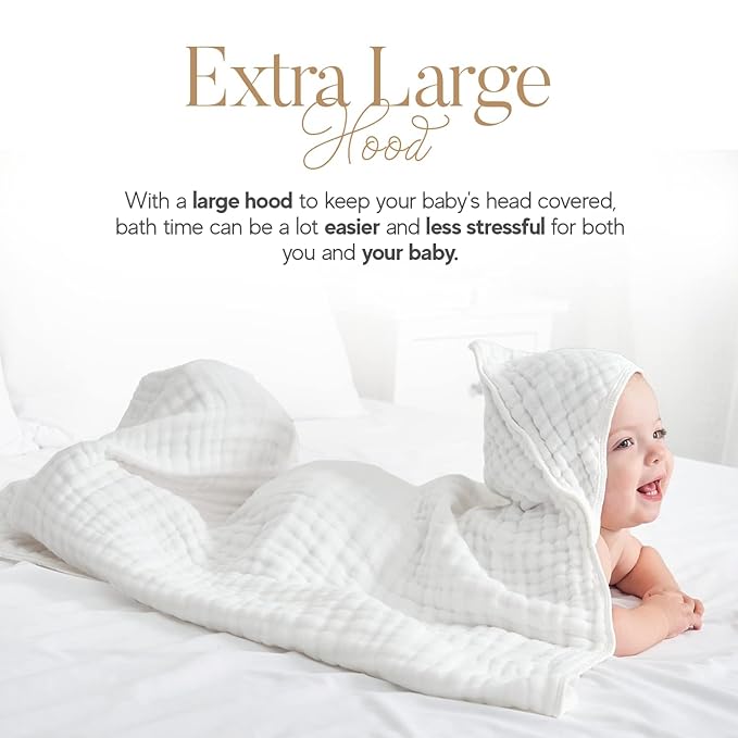 Muslin Hooded Baby Towel 4 Pack, Preuim Muslin 6 Layers Natural Cotton Baby Bath Towels, Soft and Comfortable for Boys,Girls (32 x 32, Blue Striped and White)