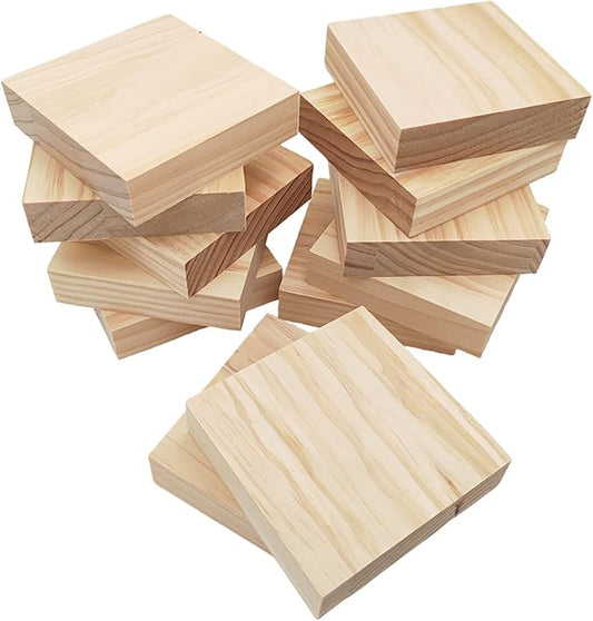 12PCS Unfinished Wood Square Blocks for Crafts, 4x4x1in Blank Wooden Squares Pine Wood Boards for Wood Carving,DIY Wood Coasters,Painting & Burning