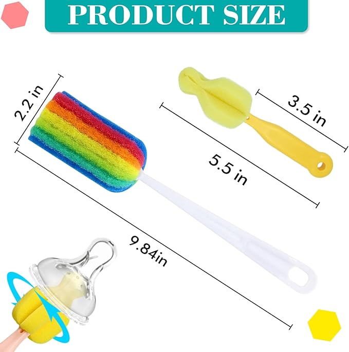 Bottle Brush Cleaner 4PCS Sponge Cleaning Brushes Long Handle Scouring Pad Scrub Brushes for Kitchen Clean Baby Bottle Glasses Mugs Cups (4 Colorful Brush+4 Nipple Brush)