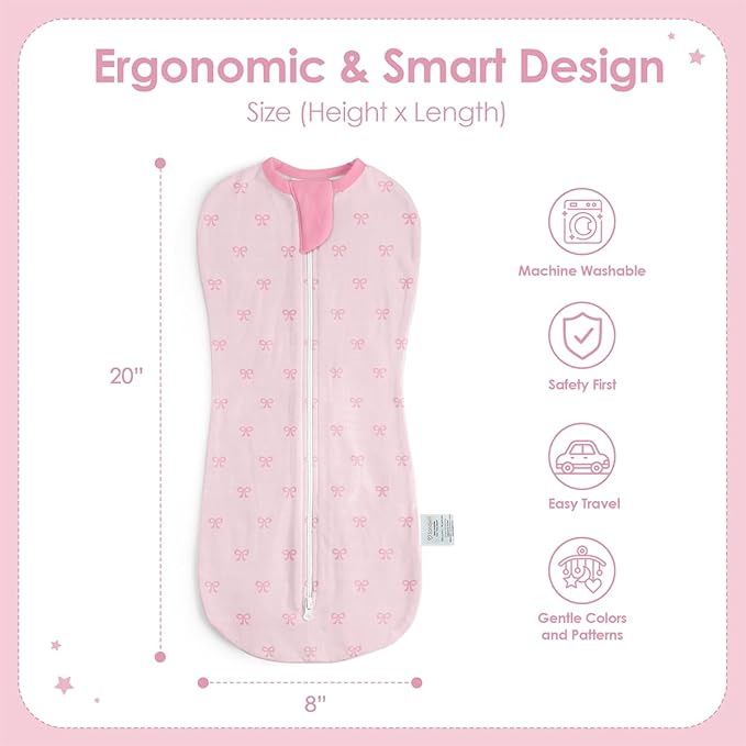Baby Swaddle 0-2 Months, Cotton Arm-In Zipper Sleep Sack, Wearable Blankets Wrap for Newborn Infant Girls (Bow, Pack of 1)