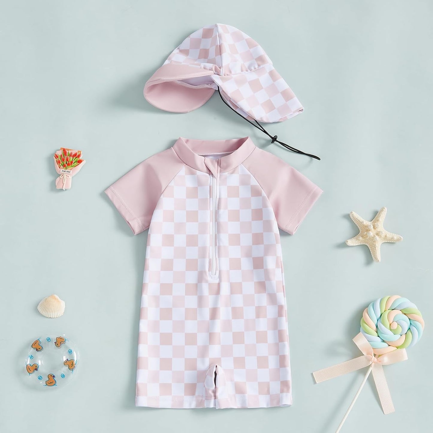 MAYUMMPY Baby Boys Girls Swimwear Casual Zipper One Pieces Rash Guard Swimsuit and Hat Beachwear Bathing Suit