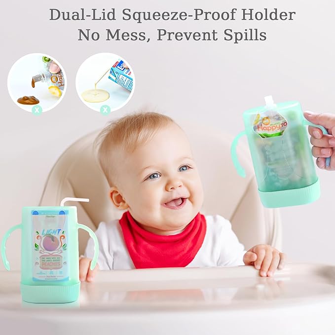 MOMUSE Dual-Lid Squeeze Pouch Holder for Food Pouches & Drink Boxes, Baby Pouch Holder with Larger Capacity, Versatile Design for Self-Feeding, Anti-Squeeze Pouch Holder No Spill No Mess, Pink & Green