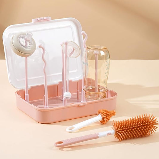 8-in-1 Baby Bottle Cleaner Set, Nylon & Silicone Bottle Brush, Cap, Straw & Nipple Brushes, BPA-Free, Includes Storage Case & Drying Rack Pink -1