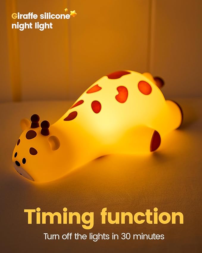 Kids Night Light Giraffe, Silicone Tap Control Bedside Lamp with Time Auto-Off, Cute Portable LED Nursery Light for Baby, Toddler, Bedroom