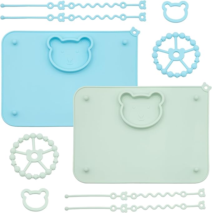 2 Pack Baby Silicone Mat with Suction Base and 4 Stretchable Straps, 6 Strong Suction Cups, Baby Placemats, Activity Mat for Infants to Toddlers, Keeps Babies Essentials Off The Floor Green Blue