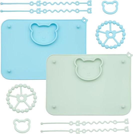 2 Pack Baby Silicone Mat with Suction Base and 4 Stretchable Straps, 6 Strong Suction Cups, Baby Placemats, Activity Mat for Infants to Toddlers, Keeps Babies Essentials Off The Floor Green Blue