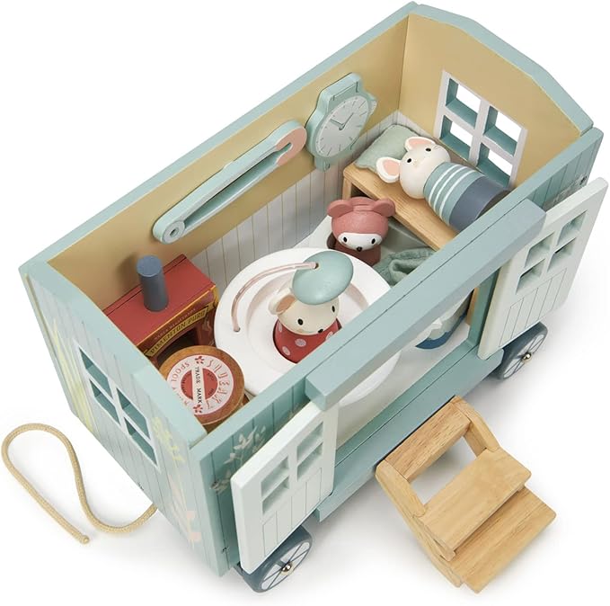 Tender Leaf Toys - Secret Meadow Shepherd’s Hut - Portable Furnished Wooden Shepherd’s Hut on Wheels with 11 Pcs Accessories and 3 Mice Dolls - Open-Ended Play and Story Tellings - Age 3+