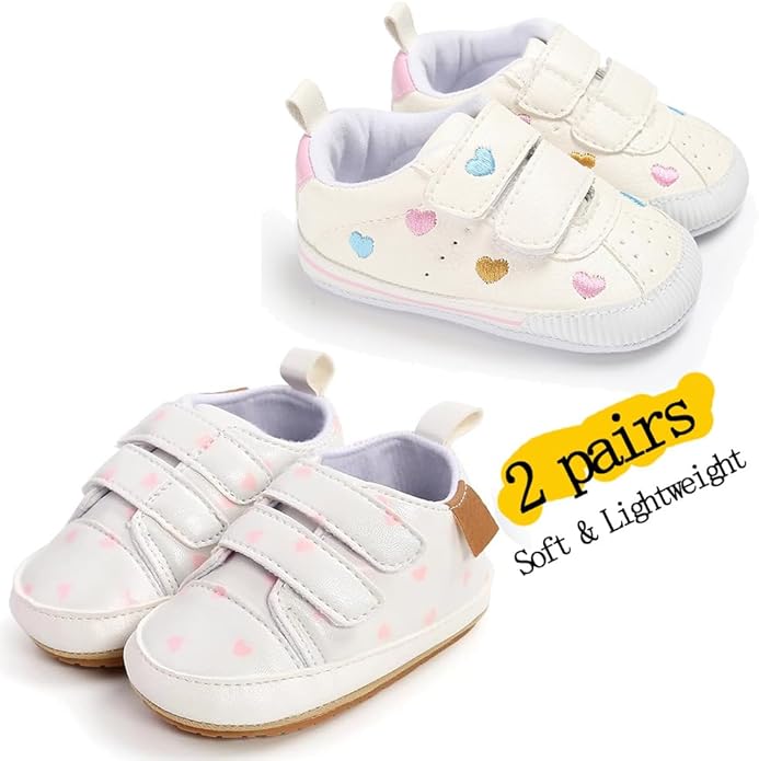 2Pairs Baby Shoes,Boys Girls Non-Slip Rubber Sole Sneakers,Unisex Infant Soft Lightweight First Walking Crib Shoes