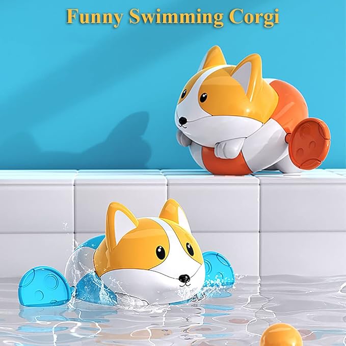 Bath Toy Pull String Corgi Bathtub Toy Windup Swimming Corgi Rowing Puppy Floating Water Toy for Boys and Girls (Orange)