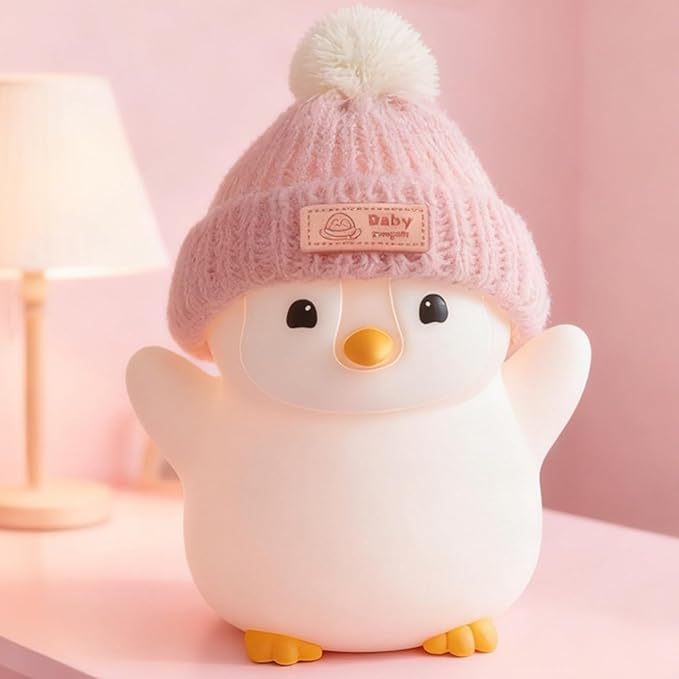 Penguin Night Light, Cute Pink Penguin Lamp with Knit Hat, Soft Silicone Nursery Nightlight for Baby, Rechargeable/Dimmable/Timer,LED Squishy Novelty Animal Bedside Lamp,Funny Gifts for Kids