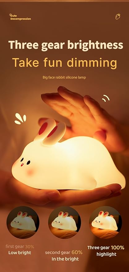 ATSUI Rabbit Night Light, LED Squishy Novelty Animal Night Lamp, Food Grade Silicone 3 Level Dimmable Nursery Nightlight for Desk Decor, Funny Gifts Stuff for Boys Girls Baby, White Elephant Gifts