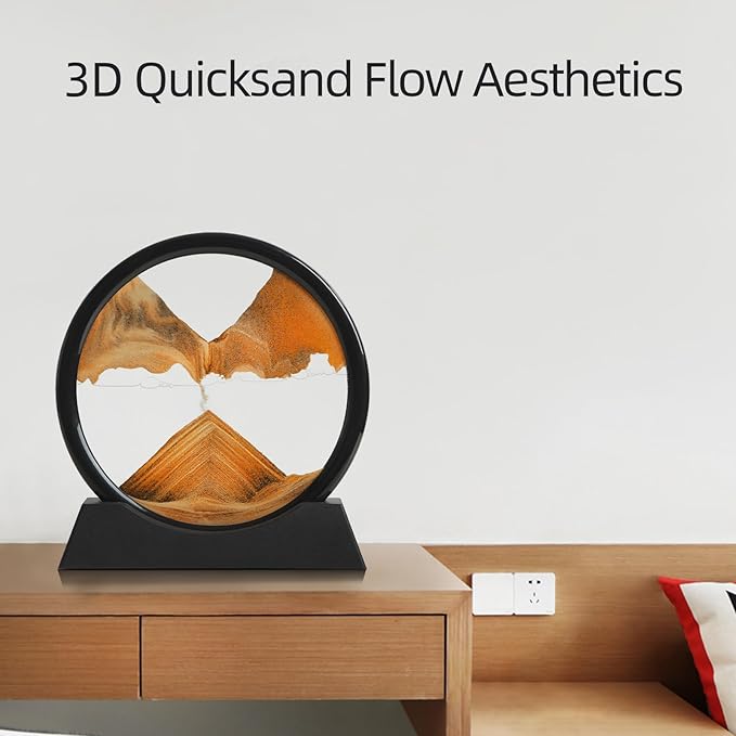 Moving Sand Art Liquid Motion, 3D Deep Sea Sandscape Color Quicksand Decor, Round Glass Moving Sand Art Picture Relaxing Desktop Home Office Work Decor (Orange, 7 inch)