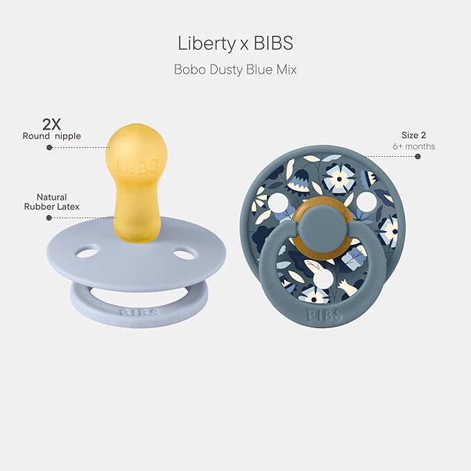 BIBS Colour Liberty Soother 2-Pack, BPA Free Dummy Pacifier, Round Nipple. Natural Rubber Latex, Made in Denmark, Size 2 (6-18 Months), Bobo Dusty Blue Mix