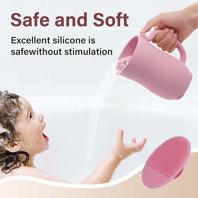 mandoo Baby Bath Rinse Cup - Food Grade Silicone - Shampoo & Body Washing Rinser Cup for Kids with Easy Grip Handle to Rinse Baby Shampoo and Soap - Baby Essentials (Mint+Brush)