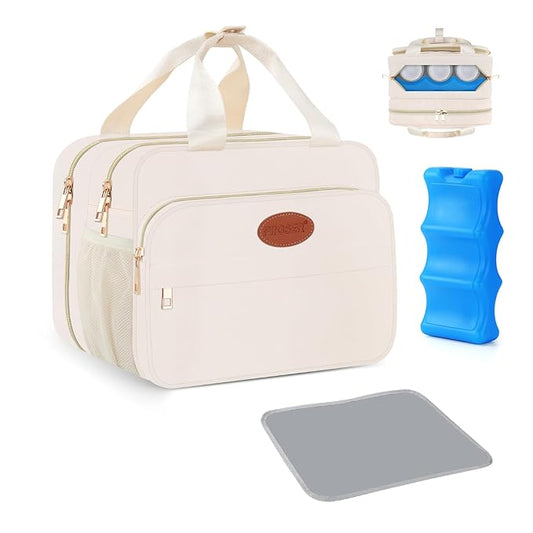 PIIOSER Insulated Baby Bottle Bag with Ice Pack, Breastmilk Cooler Compatible with Wearable Breast Pumps & Accessories - Breastfeeding On The Go for Nursing & Working Moms, Cream