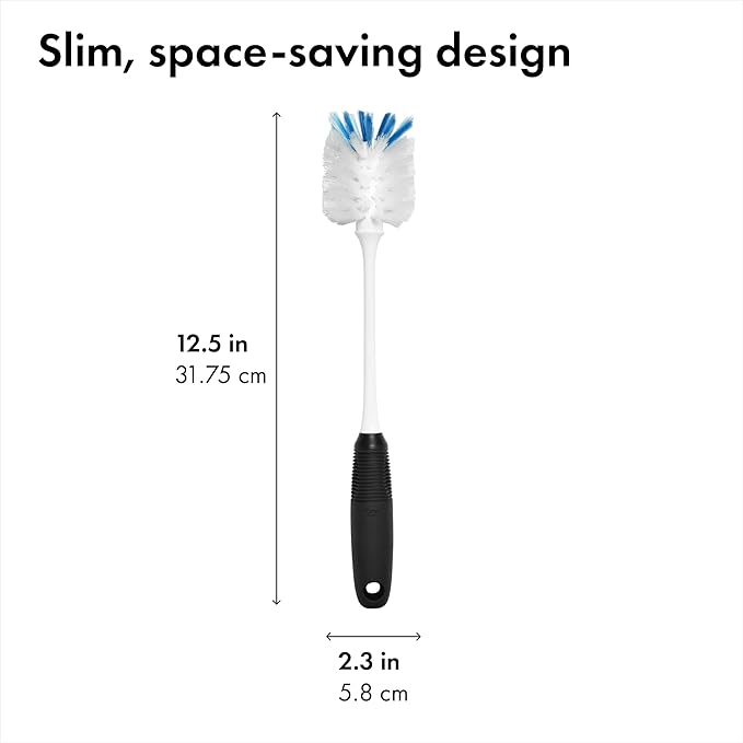 OXO Good Grips Bottle Brush, Dual-Bristle Cleaning for Bottles, Pitchers and Carafes, Flexible Neck Scrub Brush, Safe for Stemware and Delicate Glassware, Dishwasher Safe