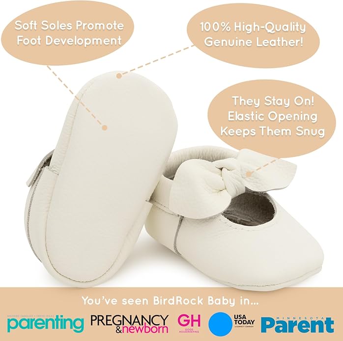 BirdRock Baby Bow and Knot Moccasins - Genuine Leather Baby Girl Shoes