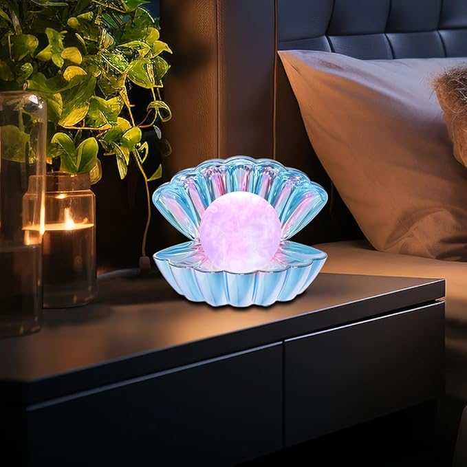 Shell Pearl Beach Themed Night Light, RGB 8 Colors Changing Mood Shell Pearl Lamps, Bedside LED Clamshell Portable Night Lights for Bar (Electroplating Blue)