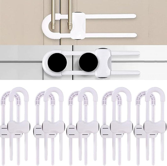 Sliding Cabinet Locks for Babies, Baby Proofing Adjustable U-Shaped Baby Safety Latches for Handles Knobs Drawers, Fridge, Closet, Cupboard, Closet with Secure Lock Buttons,10Pack (White)