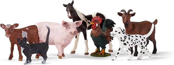 Schleich Farm World - 7 PC Farm Animal Playset with Dog, Cat, Pig, Goat, Rooster, Baby Horse and Cow Toys - Realistic Barnyard Figurines - Fun Educational Figures for Kids and Toddlers Ages 3+