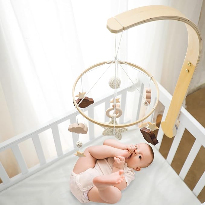 let's make Baby Crib Mobile with Arm Boho Star Moon Nursery Mobile Set Wooden Baby Mobile Holder for Hanging Nursery Decor Ceiling Mobile