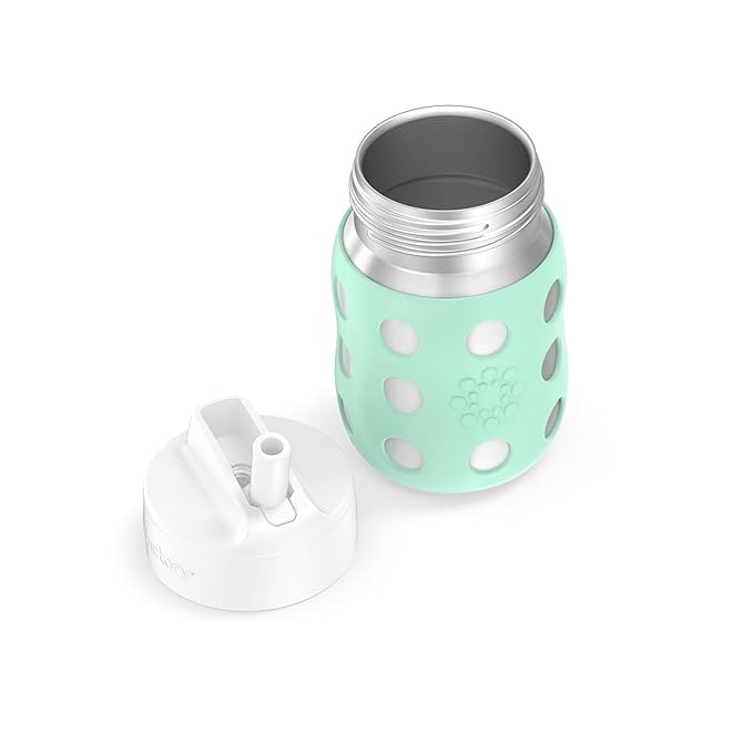 Lifefactory 8-Ounce Stainless-Steel Vacuum-Insulated Wide-Neck Baby Bottle with Straw Cap, Mint, LS2241WMI4