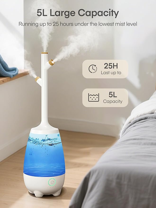 Humidifiers for Bedroom Large Room Home, 5L Quiet Cool Mist Top Fill Humidifier with Essential Oil Diffuser, Remote Control, Smart Humidistat, Sleep Mode, for Baby, Plants, Office, Nursery