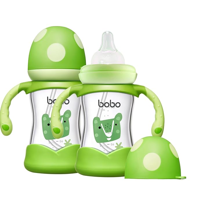 YOHKOH Natural Glass Baby Bottle with Natural Response Nipple, Wide Neck Baby Bottles with Handle, Newborn Anti-Colic Baby Bottles Gift Set, Clear (5.4oz (Pack of 2), Green)