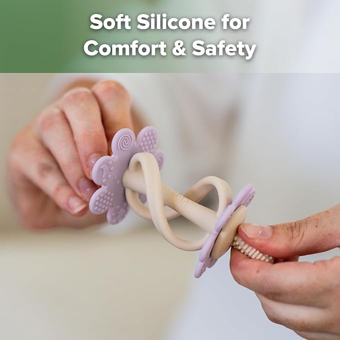 haakaa Silicone Twin Flower Teether,Nipple-Shaped End for Gum Massage,360° Baby Toothbrush Head for Self-Brushing Training,Easy to Grip - Lavender