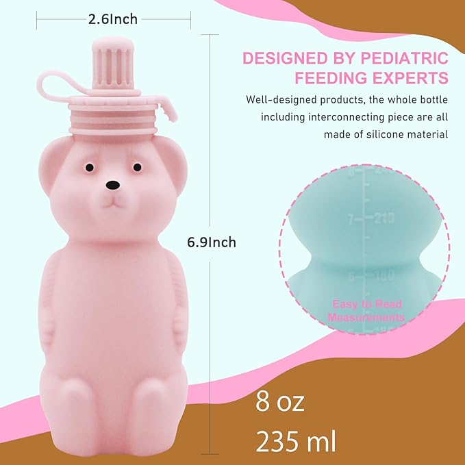 Honey Bear Silicone Straw Cup, Babies Water Drinking Cup, 8-Ounce Therapy Sippy Bottles for Speech and Feeding Training, BPA Free & Dishwasher Safe (PINK)